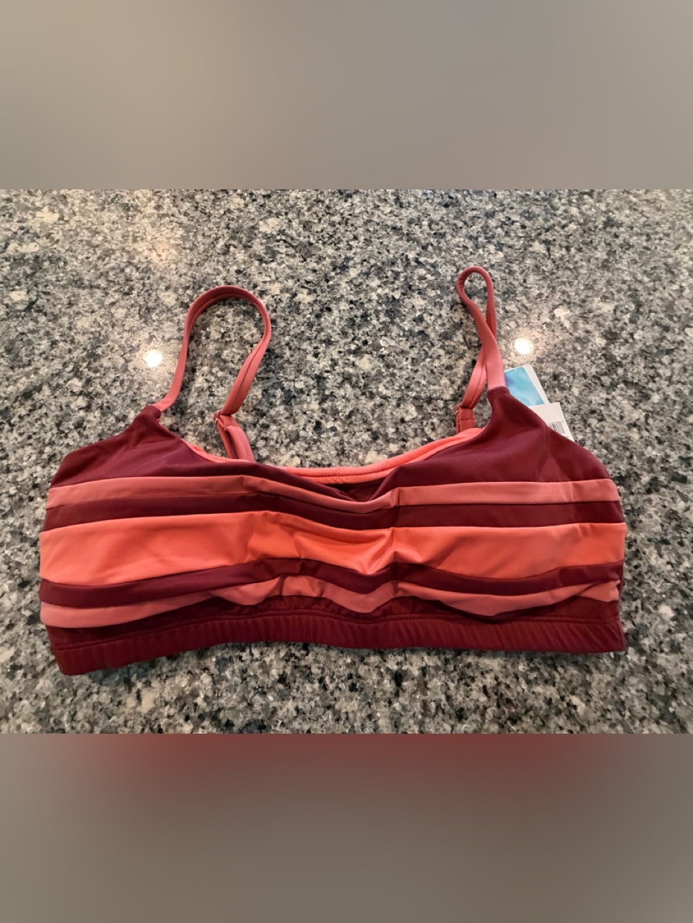 Color block stripes, maroon & coral, adjustable straps, padded bikini top, size